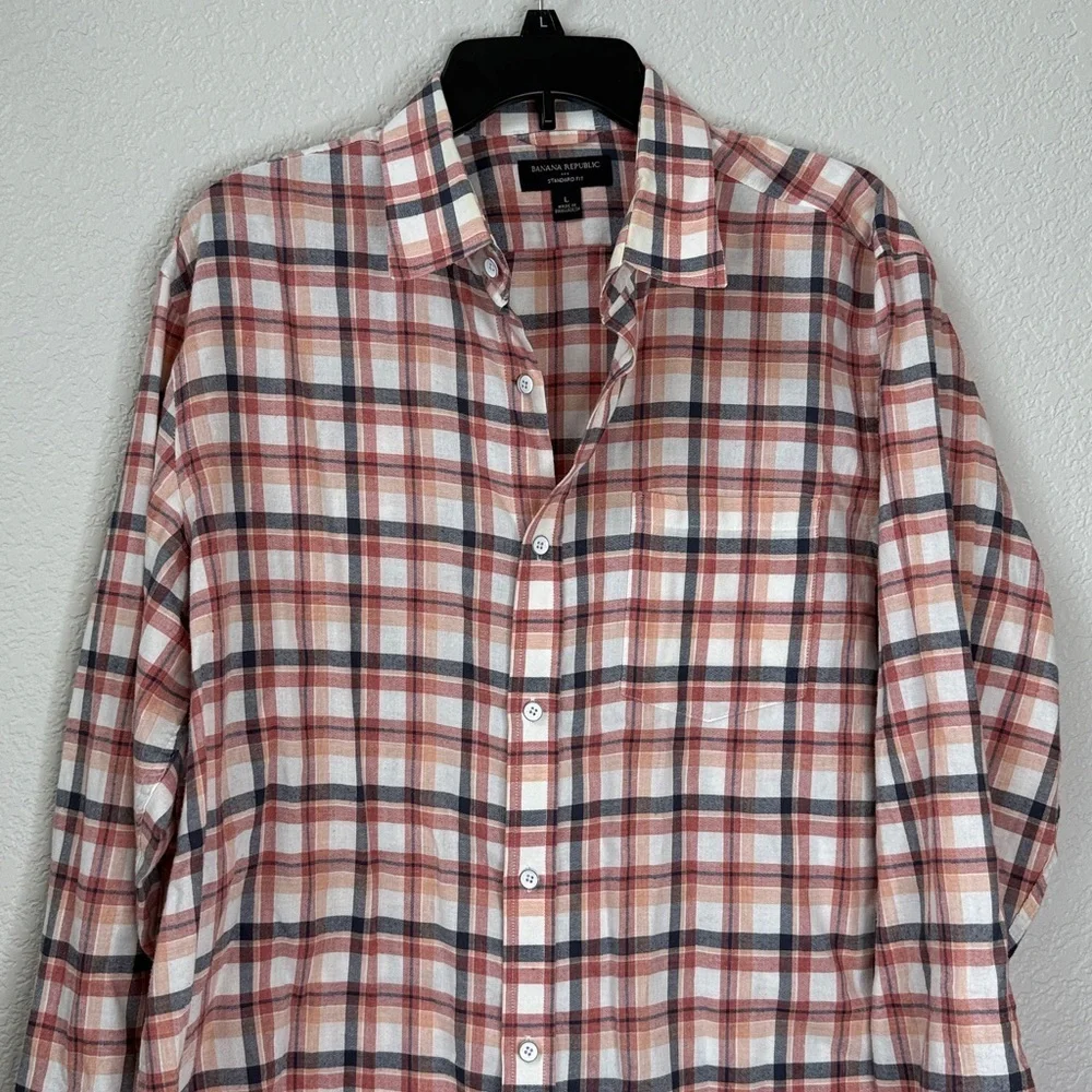 Banana Republic Standard Fit Button Down Plaid Casual Shirt Red Gray size Large